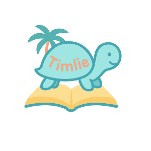 Tortue illustrée avec palmier et livre, logo enfant pour site éducatif avec le mot "Timlie" en pastel, design mignon et ludique, pour enfants et éducation, branding jeune public.